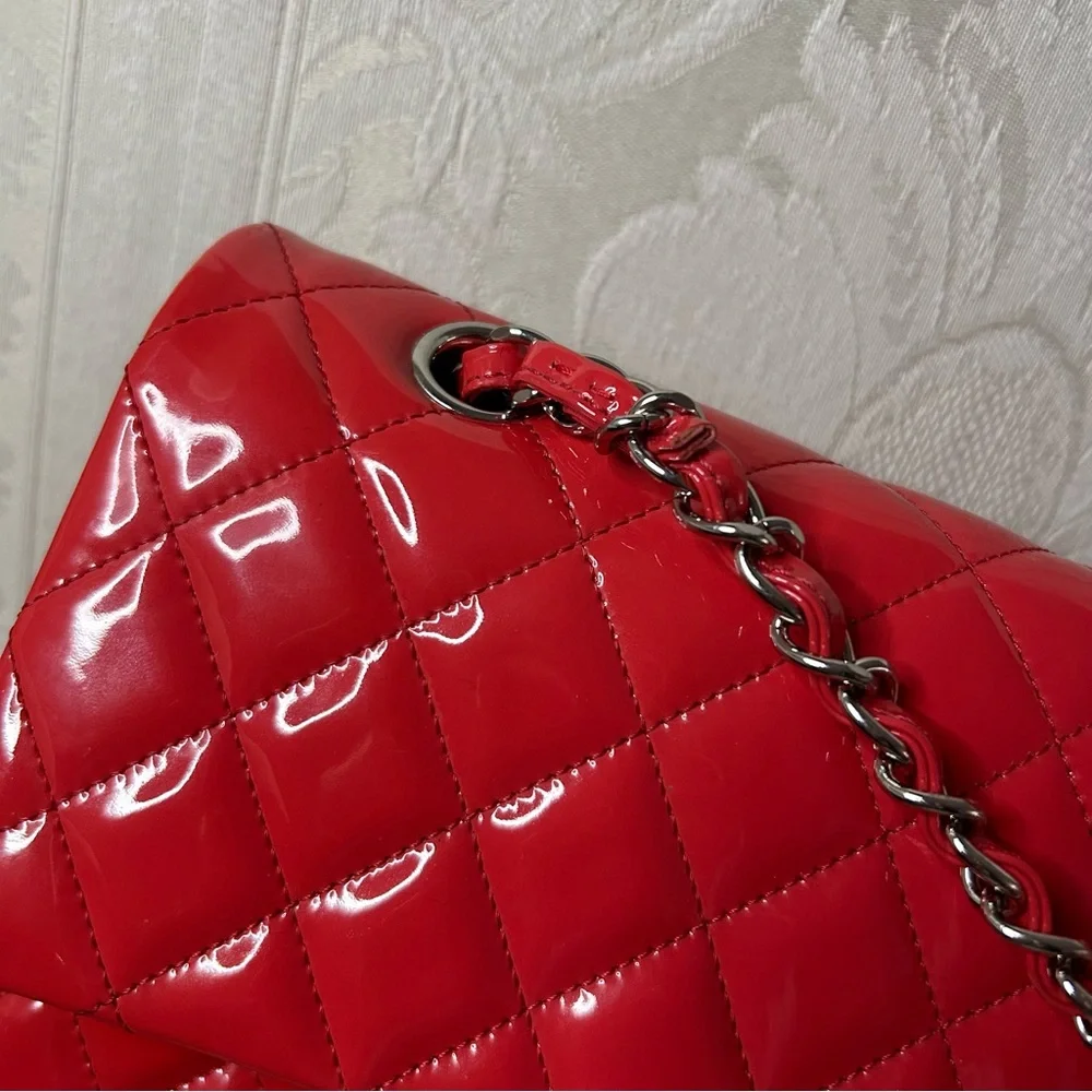Authentic Chanel Red Patent Leather Medium Classic Double Flap Bag with card